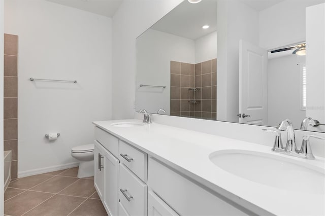 bathroom with ceiling fan, tile patterned floors, toilet, and vanity