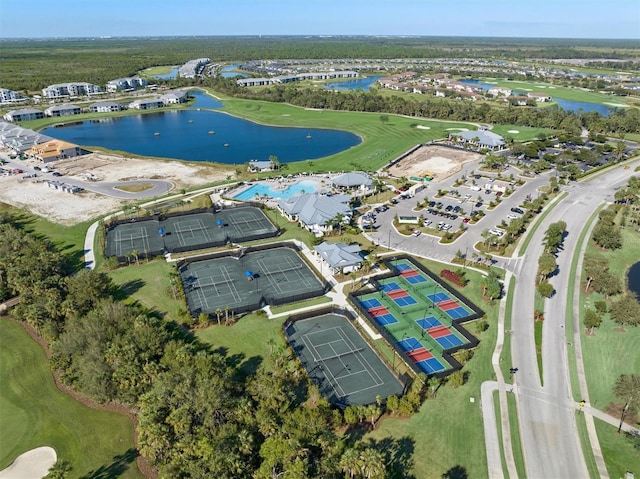 aerial view featuring a water view