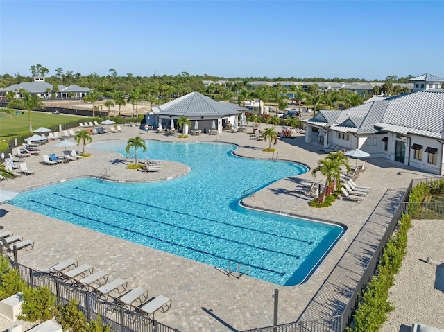 view of swimming pool featuring a patio