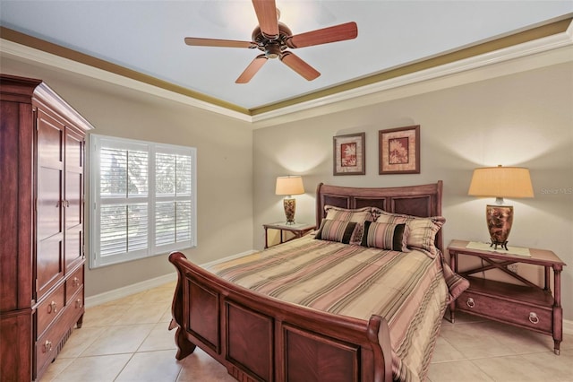 tiled bedroom featuring ceiling fan and ornamental molding