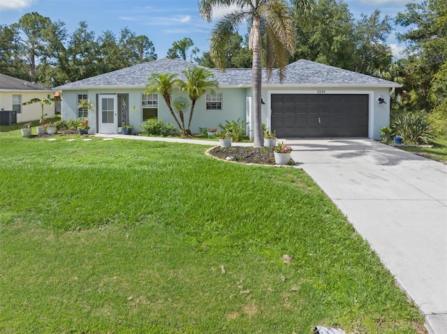 ranch-style home with a front lawn, central AC unit, and a garage