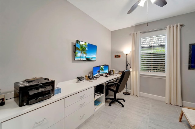 tiled office with ceiling fan