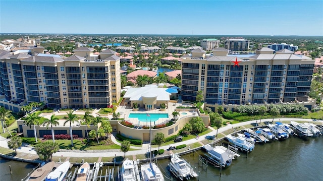 bird's eye view with a water view