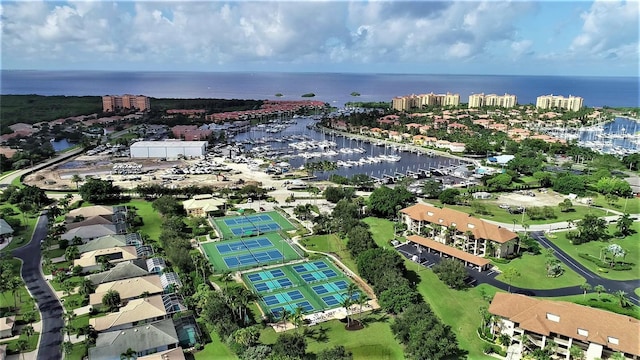 drone / aerial view with a water view