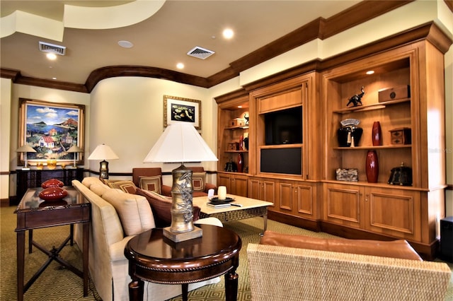 carpeted living room with ornamental molding and built in features