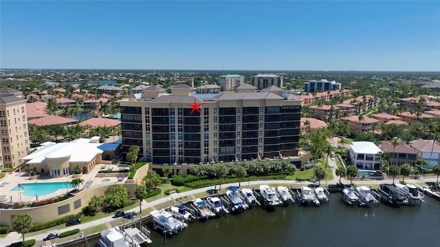 drone / aerial view with a water view