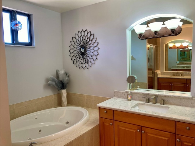 bathroom with vanity and plus walk in shower