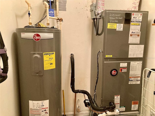 utility room featuring electric water heater and heating unit