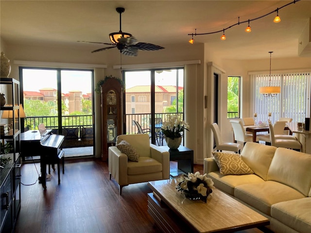 living room featuring ceiling fan and dark hardwood / wood-style floors