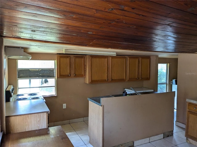 kitchen with exhaust hood, wooden ceiling, range with electric cooktop, and light tile patterned floors