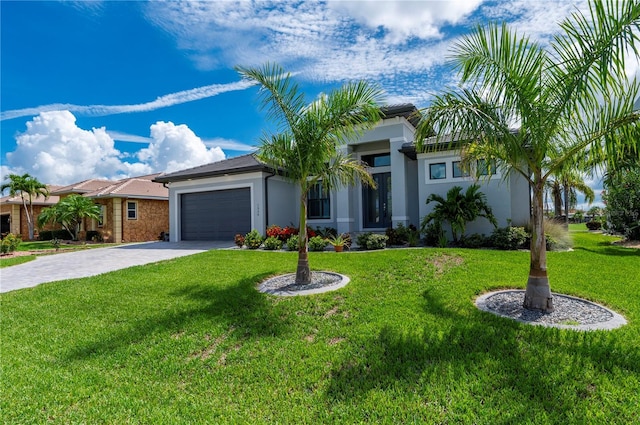 view of front of home featuring a garage and a front lawn