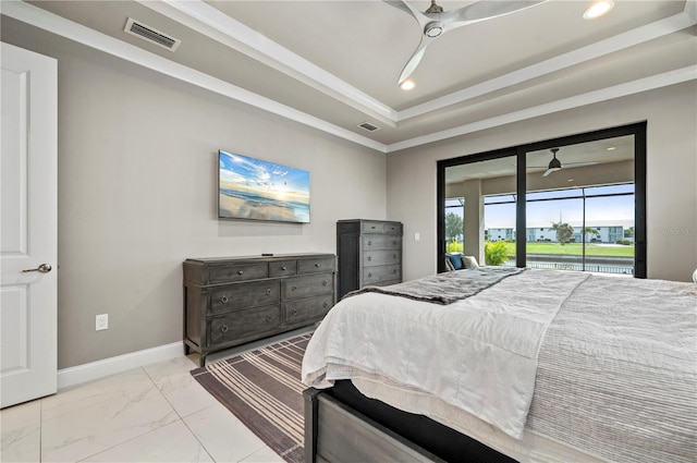 bedroom featuring ceiling fan and access to outside