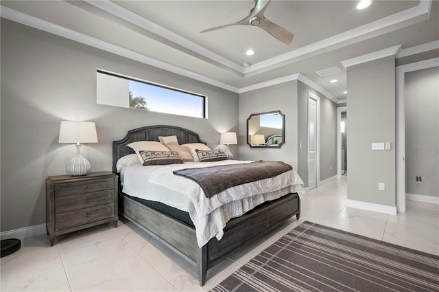 bedroom with ceiling fan, a raised ceiling, and ornamental molding