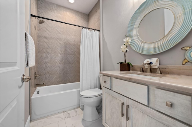 full bathroom with vanity, shower / bath combo, and toilet