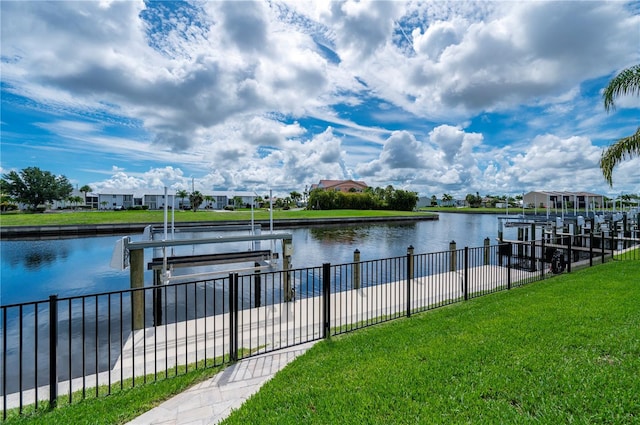 view of dock featuring a yard and a water view