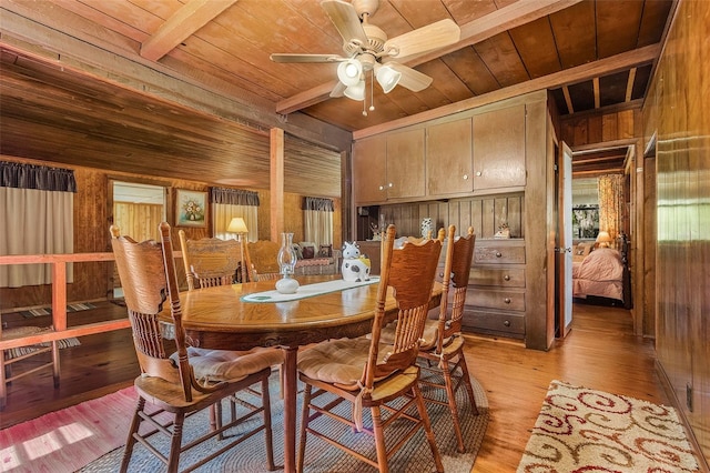 dining space with light hardwood / wood-style floors, wood walls, ceiling fan, beam ceiling, and wood ceiling