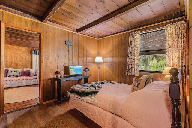 bedroom with wood walls, beam ceiling, wood ceiling, and dark hardwood / wood-style floors