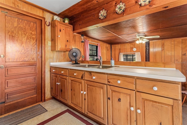 kitchen with ceiling fan, wood ceiling, light tile floors, wooden walls, and sink