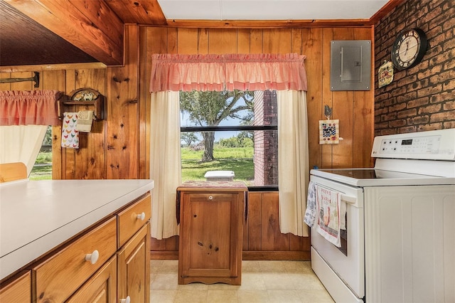 kitchen featuring electric range, wooden walls, and a healthy amount of sunlight