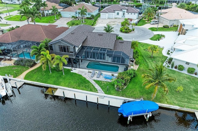 aerial view featuring a water view