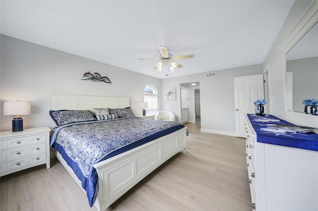 bedroom featuring ceiling fan and light hardwood / wood-style flooring