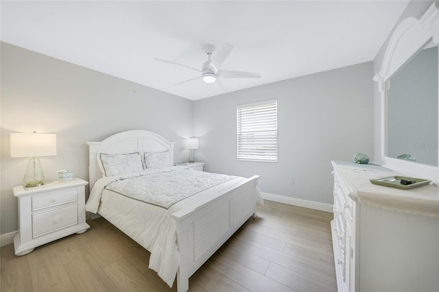 bedroom with ceiling fan and light wood-type flooring