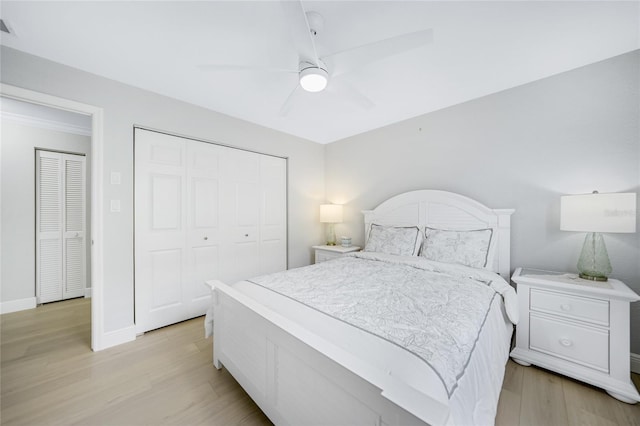 bedroom featuring a closet, ceiling fan, and light hardwood / wood-style floors