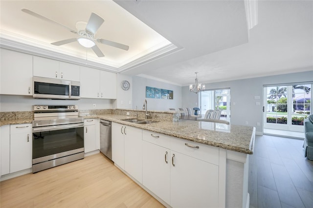 kitchen featuring white cabinetry, sink, kitchen peninsula, and stainless steel appliances