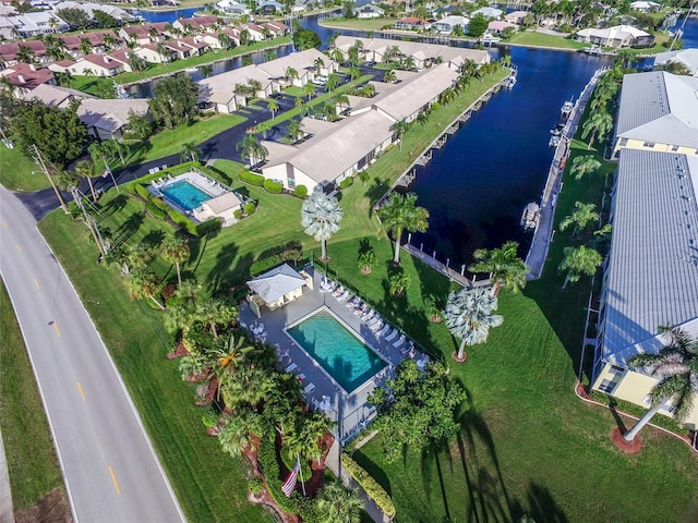 aerial view featuring a water view