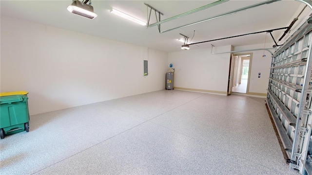 garage with electric panel, water heater, and a garage door opener