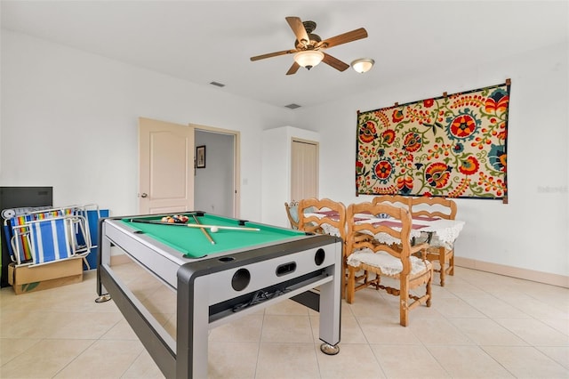 rec room featuring light tile patterned floors, ceiling fan, and billiards