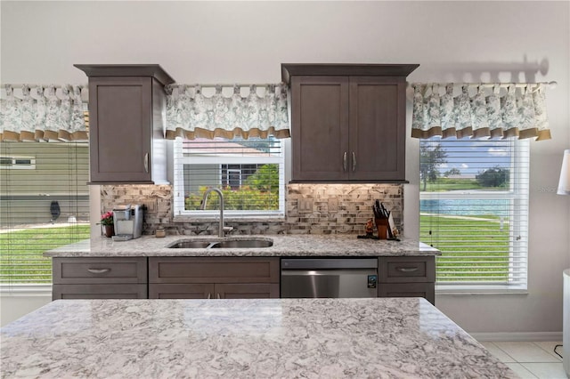 kitchen featuring a wealth of natural light, dishwasher, sink, and dark brown cabinets