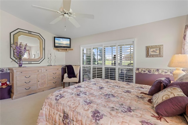 bedroom with ceiling fan and light colored carpet