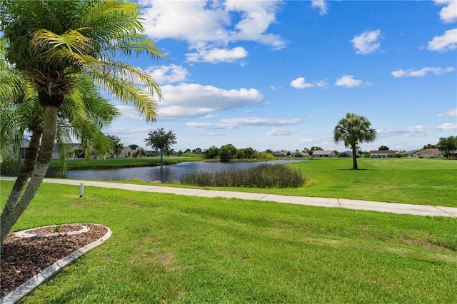 exterior space featuring a yard and a water view