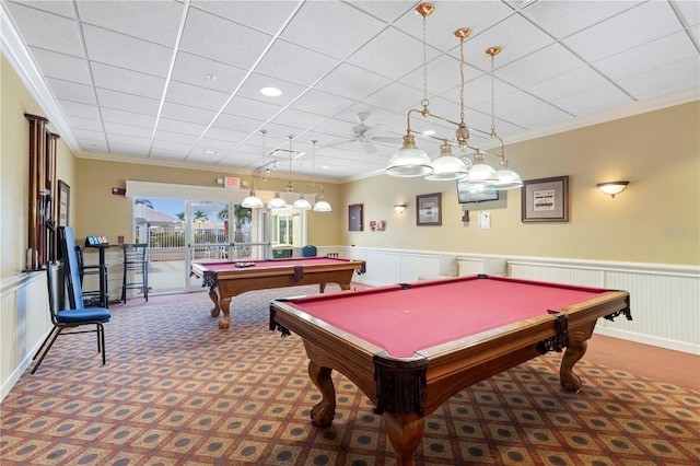 recreation room with carpet flooring, ceiling fan, ornamental molding, and pool table