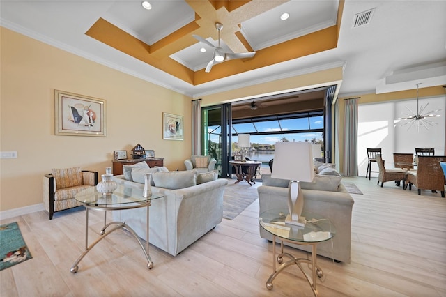 living room featuring beam ceiling, coffered ceiling, light hardwood / wood-style floors, ceiling fan with notable chandelier, and ornamental molding