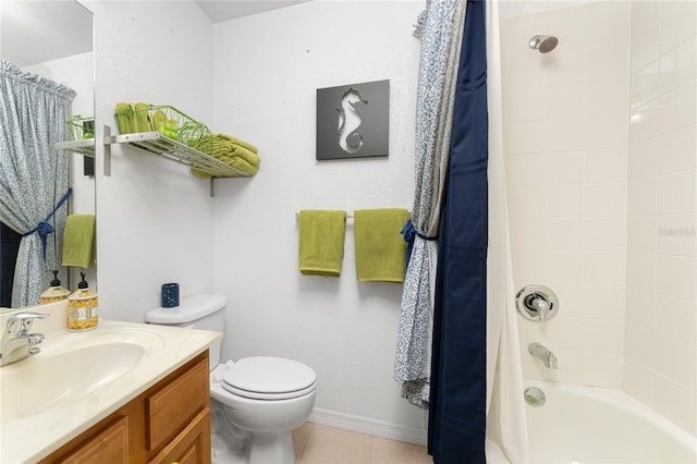 full bathroom with tile patterned flooring, shower / tub combo, vanity, and toilet