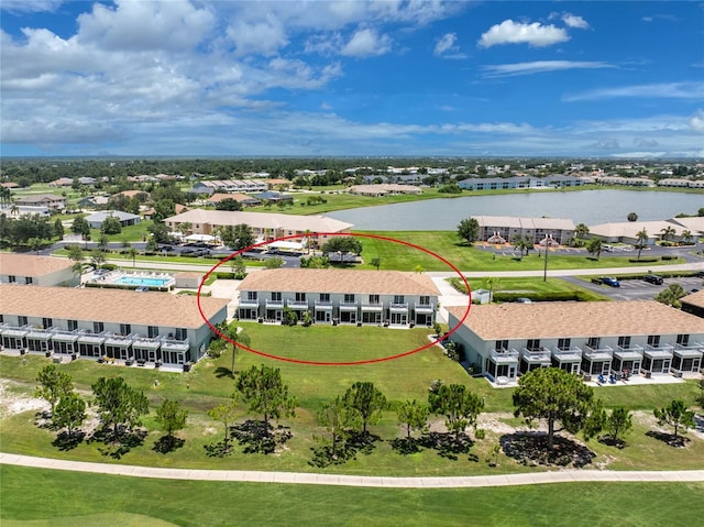 drone / aerial view featuring a water view