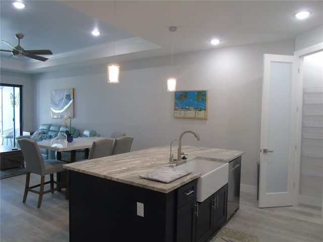 kitchen with a ceiling fan, a sink, stainless steel dishwasher, a raised ceiling, and dark cabinets