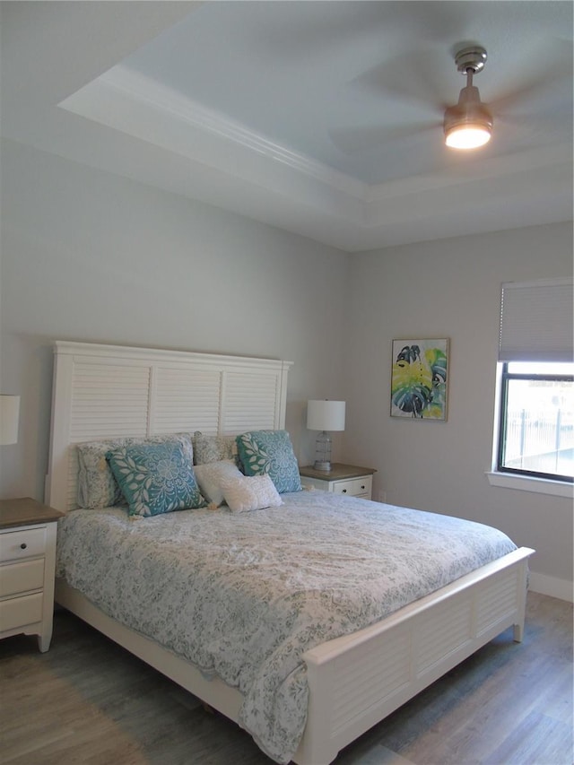 bedroom with dark hardwood / wood-style flooring, a tray ceiling, and ceiling fan