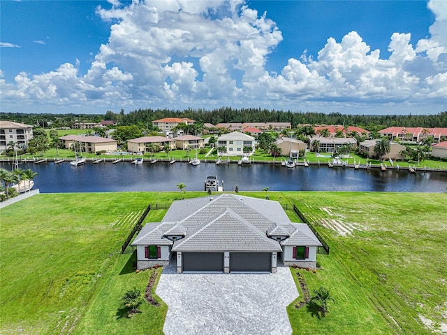 bird's eye view featuring a residential view and a water view