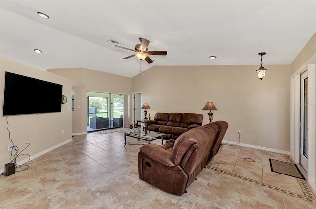 tiled living room with vaulted ceiling and ceiling fan