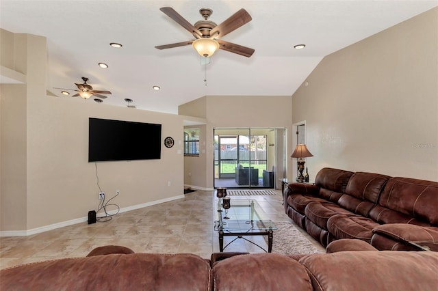 tiled living room with vaulted ceiling and ceiling fan