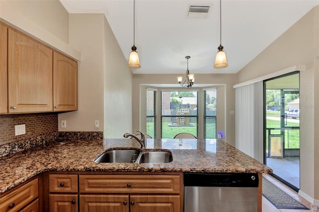 kitchen featuring dishwasher, decorative backsplash, pendant lighting, vaulted ceiling, and sink