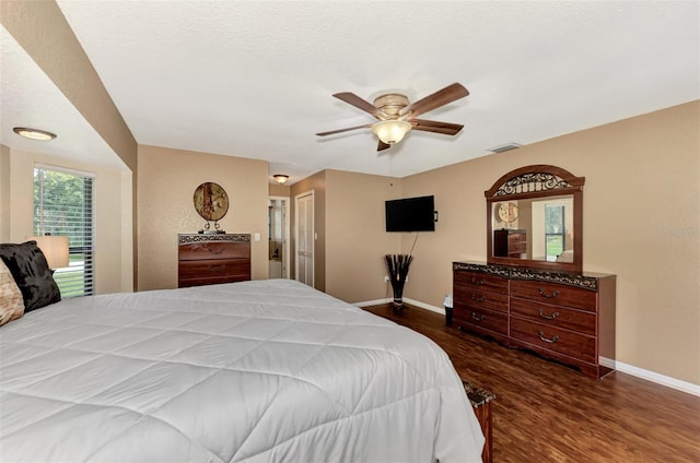 bedroom with dark hardwood / wood-style flooring, a closet, and ceiling fan