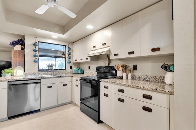 kitchen featuring black electric range oven, a sink, dishwasher, ceiling fan, and under cabinet range hood