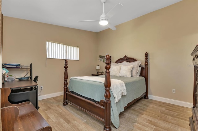 bedroom with ceiling fan and light wood-type flooring