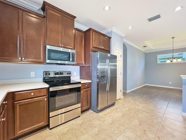 kitchen with hanging light fixtures, crown molding, light tile patterned floors, appliances with stainless steel finishes, and a notable chandelier