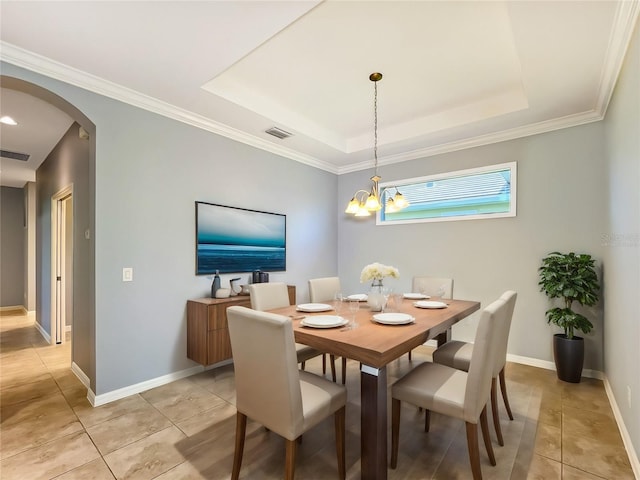 2730 Vareo Ct, Cape Coral, FL 33991 - dining space featuring arched walkways, light tile patterned floors, a chandelier, baseboards, and ornamental molding