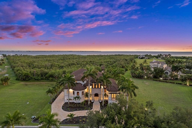 bird's eye view with a water view